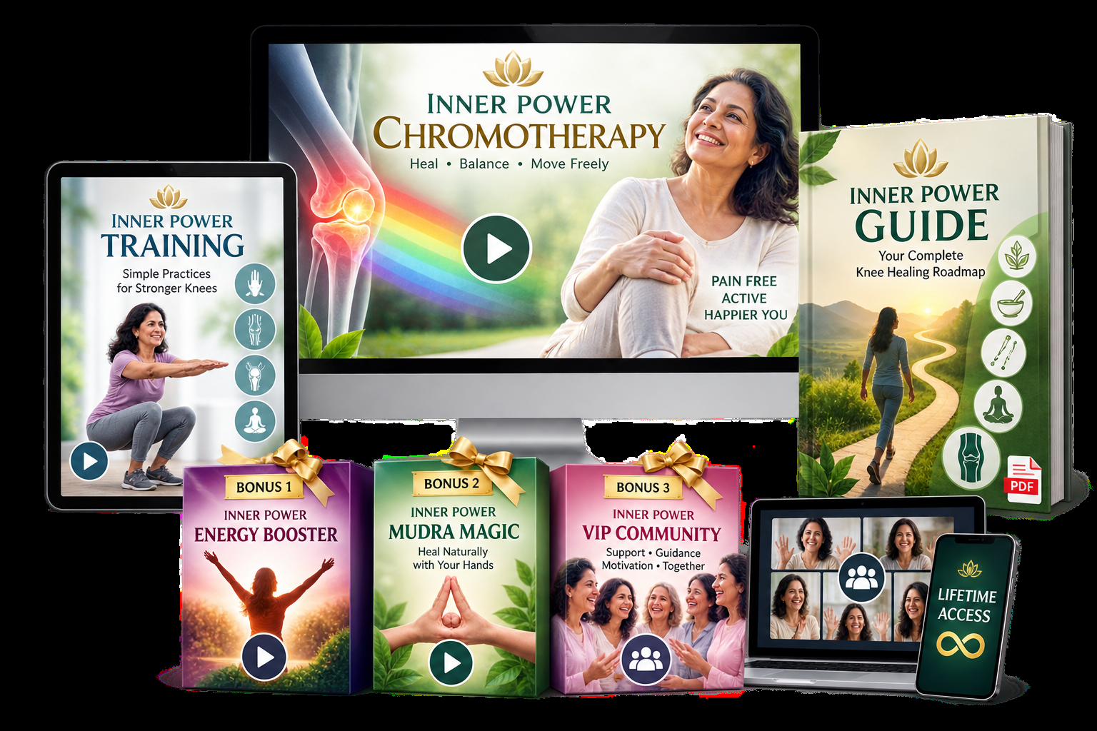 The complete Inner Power Chromotherapy kit — videos, guide, bonuses, and community access on every device