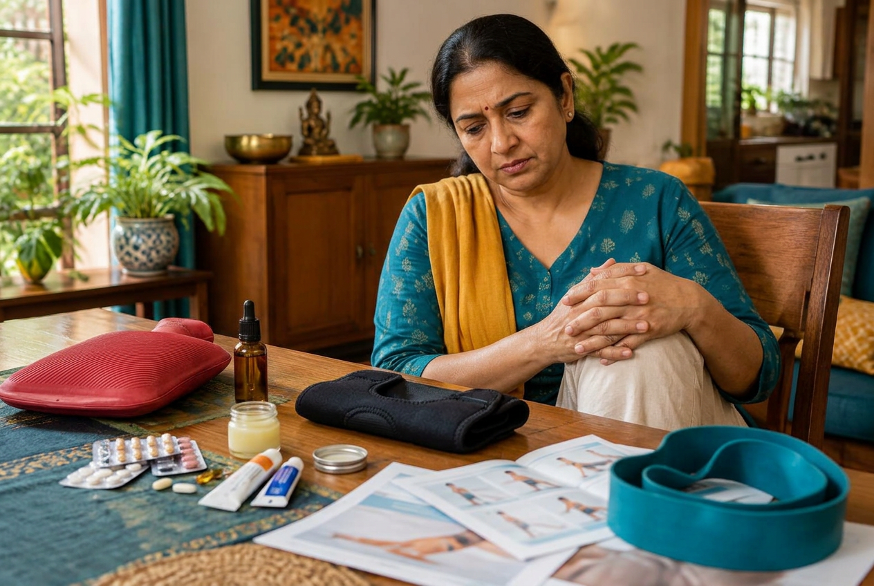 Woman surrounded by medicines, balm, a hot water bag, knee brace, exercise band, and physiotherapy sheets
